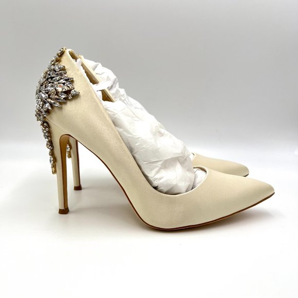 Badgley Mischka Size 8.5 Jeweled Ivory White Satin Stiletto Heels Pumps Shoes